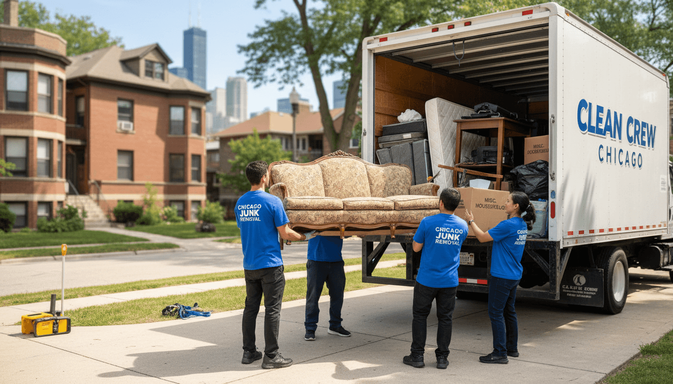 Junk removal team efficiently loading items into truck in Chicago neighborhood